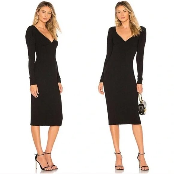 Revolve A.L.C. Dafne Black Puffy Shoulder Midi Dress Size XS/TP - Picture 1 of 7